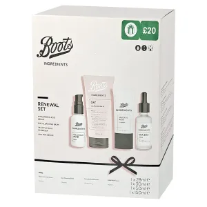 Boots Ingredients Renewal Set – Oat Cleansing Balm 50ml + Salicylic Acid Cleanser 150ml + Hyaluronic Acid Serum 30ml + AHA BHA Serum 28ml